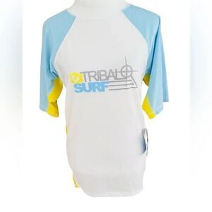 New with tag Tribal Short Sleeve White, yellow Blue Surf Style Rash Guard Sz XXL